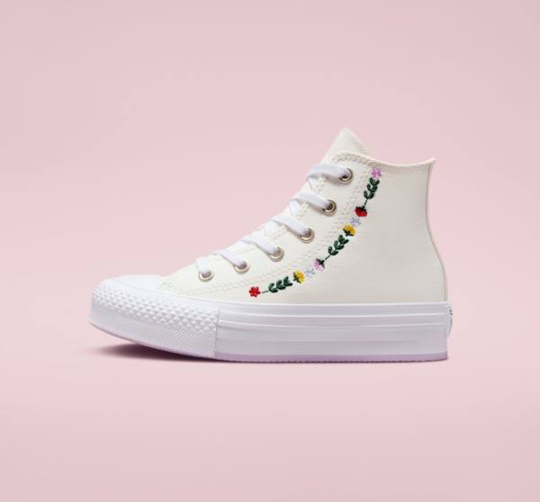 Converse Chuck Taylor All Star Lift Platform Floral Embroidery High Tops Shoes White / White | CV-804UFH