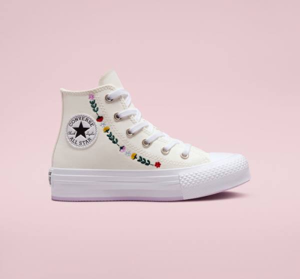 Converse Chuck Taylor All Star Lift Platform Floral Embroidery High Tops Shoes White / White | CV-804UFH