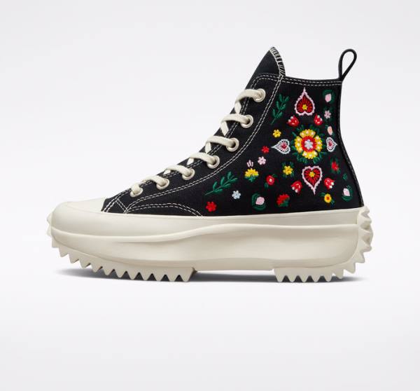 Converse Run Star Hike Platform Floral Embroidery High Tops Shoes Black | CV-382XDM